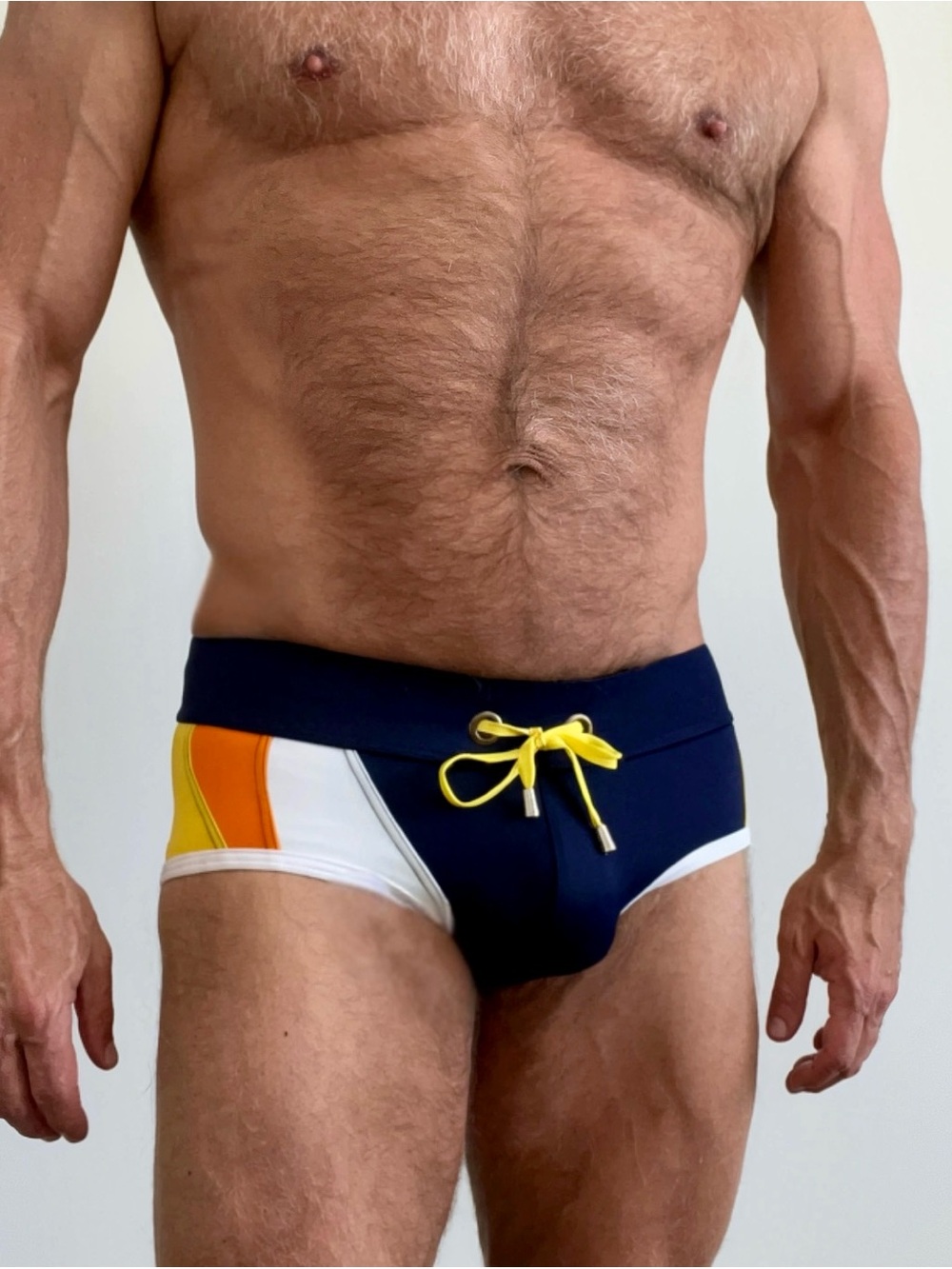 Men's Navy Colorblock Squarecut Swim Trunks  with Yellow Drawcord